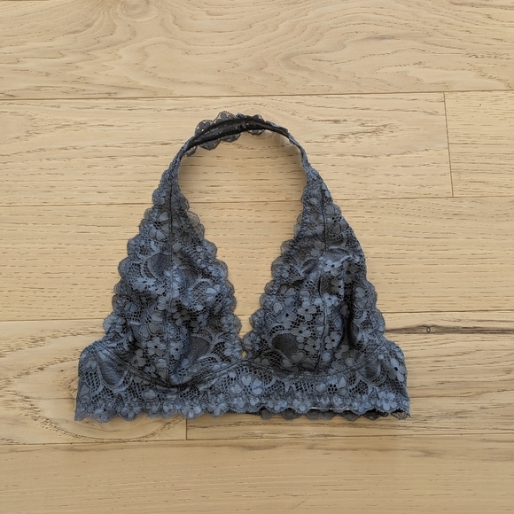 Free People Galloon Lace Halter Bralette Gray Plunge Stretchy Soft Wireless - Picture 3 of 9